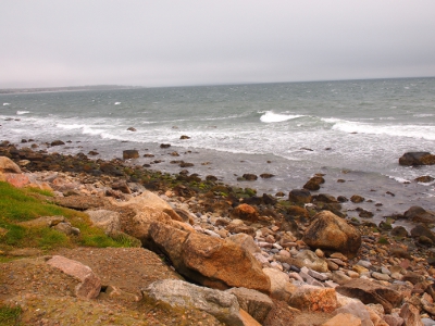 [Coastline littered with medium-sized rocks leading into the ocean.]